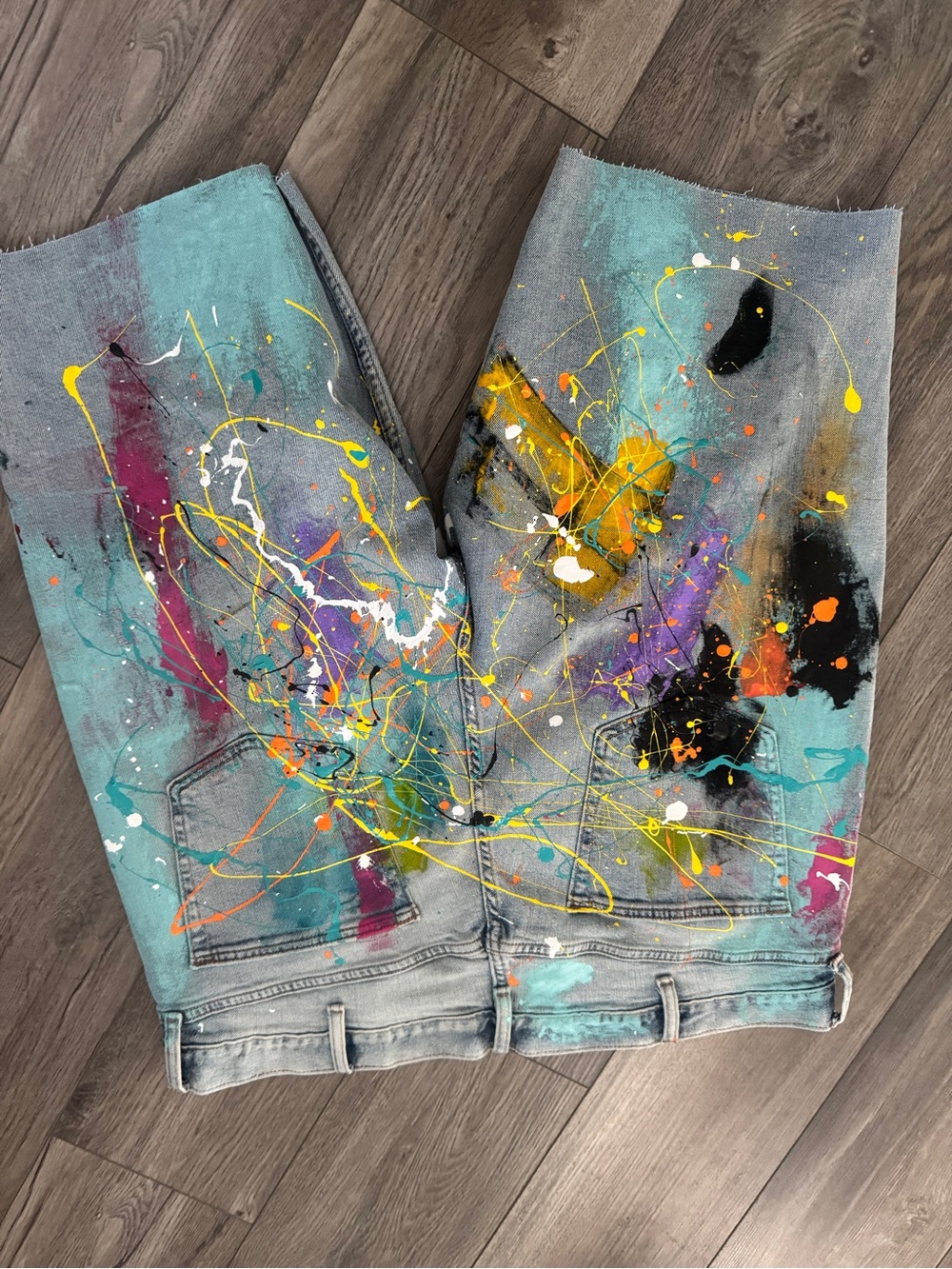 Old Navy Hand Painted Denim Jorts Splatter Vibrant Abstract Shorts 40 x 12 - Picture 6 of 12